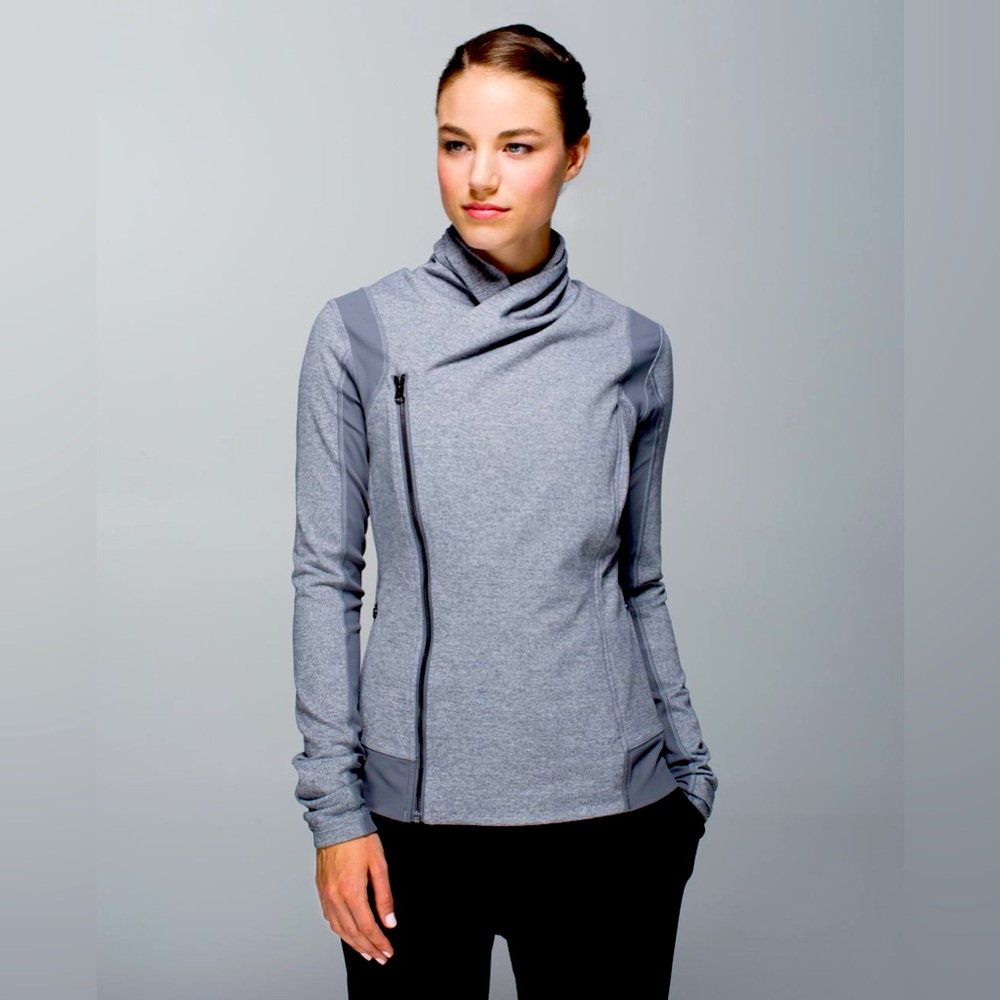 LULULEMON Bhakti Yoga Jacket Grey Heathered Slate Double Zip High Collar, Size 4